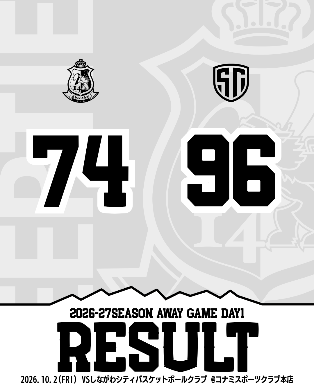りそなグループ B.LEAGUE 2026-27 SEASON B.LEAGUE NEXT　AWAY　GAME 10月2日対 しながわシティ戦結果