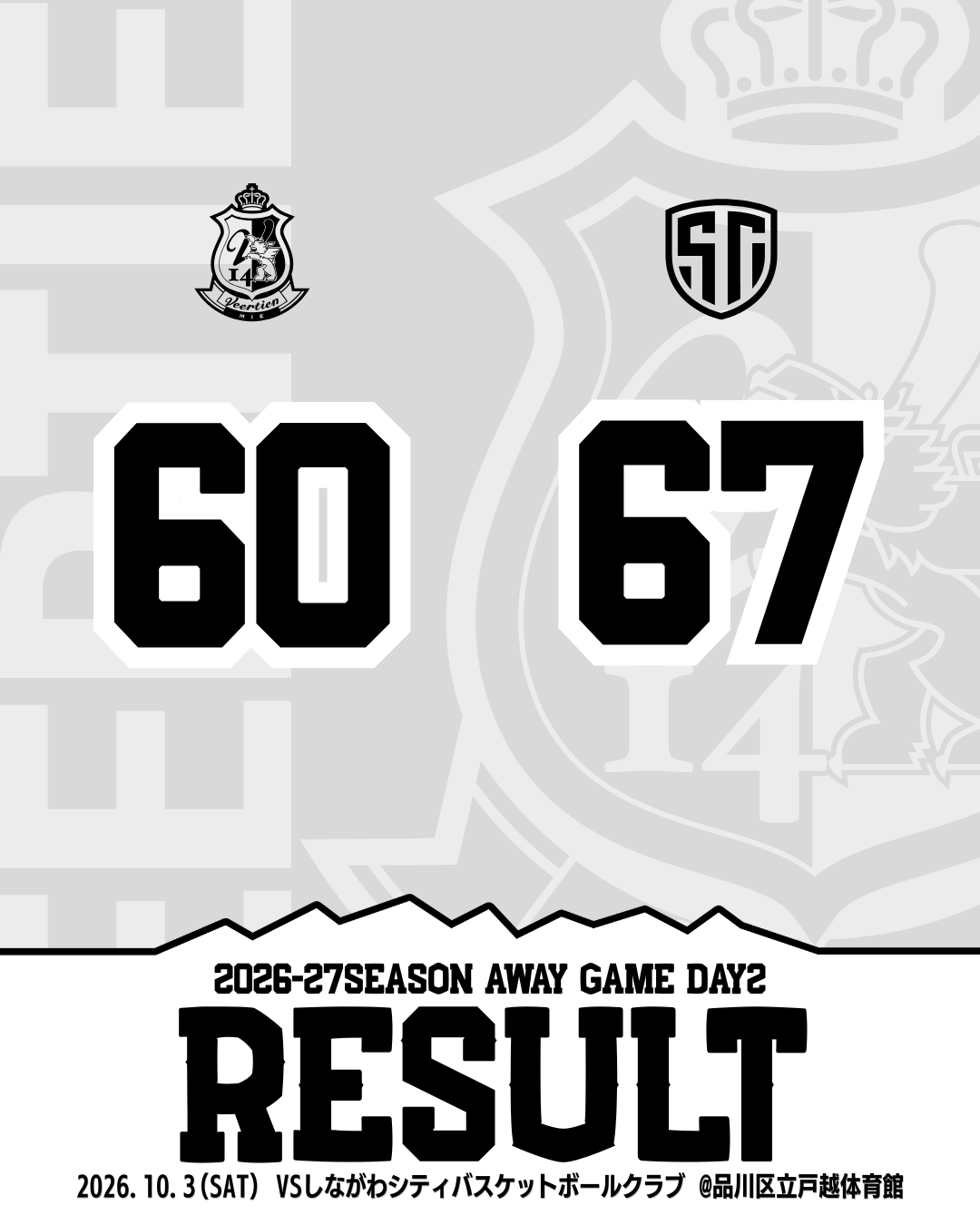 りそなグループ B.LEAGUE 2026-27 SEASON B.LEAGUE NEXT　AWAY　GAME 10月３日対 しながわシティ戦結果