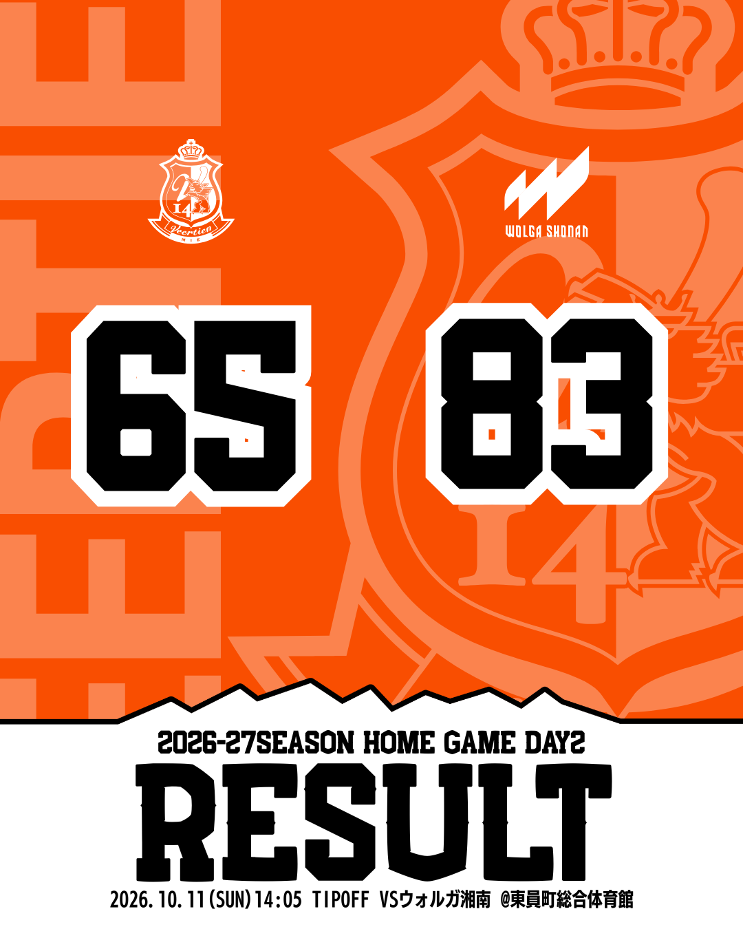 りそなグループ B.LEAGUE 2026-27 SEASON B.LEAGUE NEXT　HOMEGAME 10月11日対 ウォルガ湘南戦結果